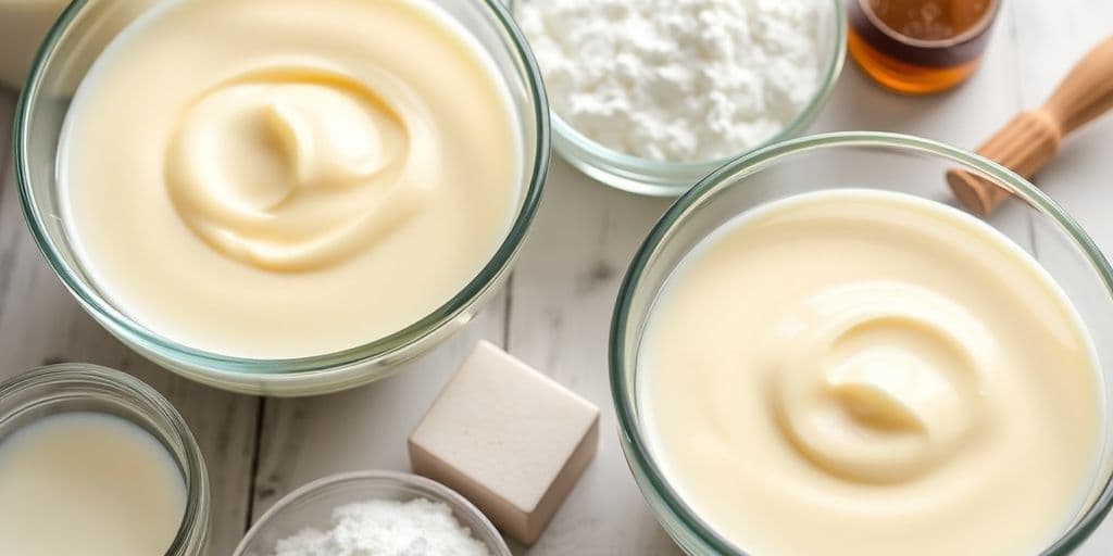 Bowls of homemade condensed milk substitutes with ingredients.