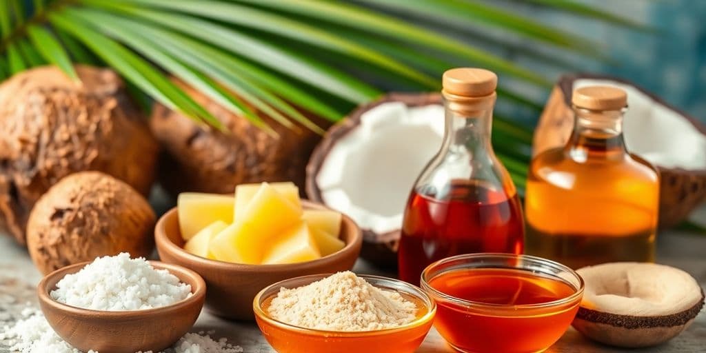 Various sweeteners including coconut sugar and honey in bowls.