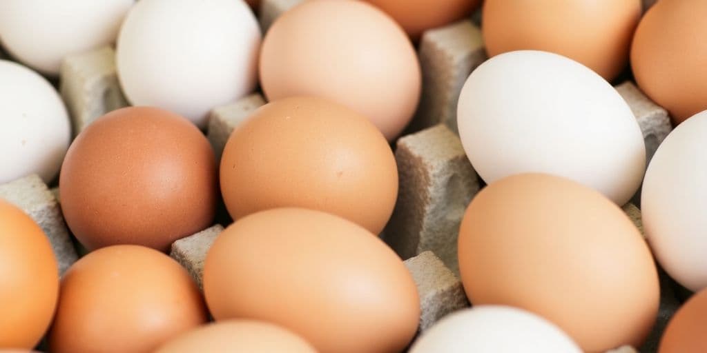 Close-up of brown and white eggs in a carton.