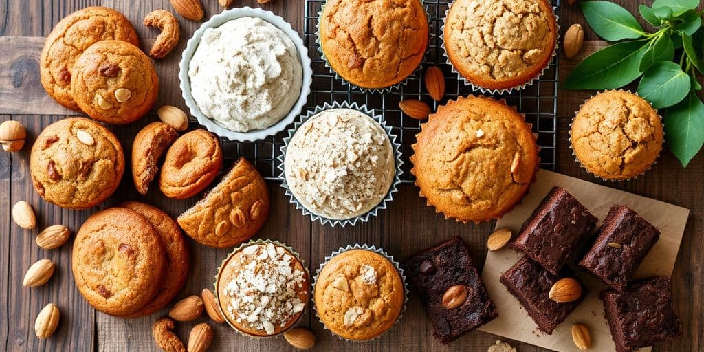 Colorful array of grain-free baked goods on a table.