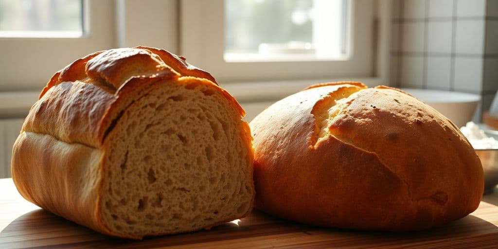 Collapsed gluten-free bread next to perfectly baked loaf.