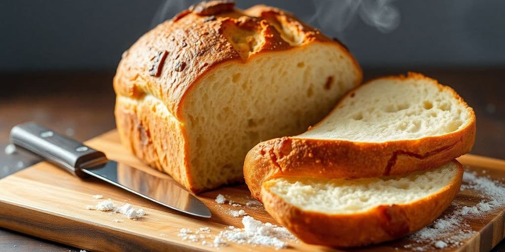 Freshly baked crusty bread on a wooden cutting board.