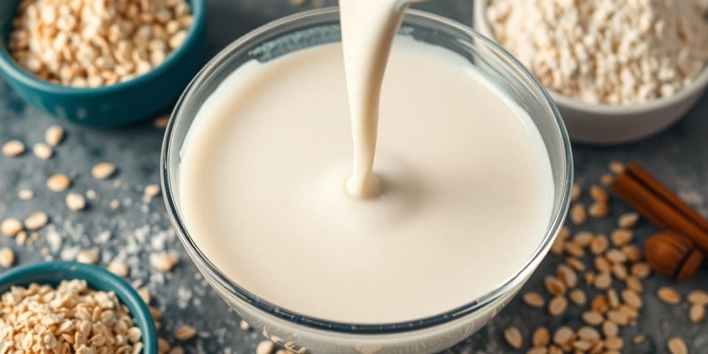 Oat milk pouring into a bowl with baking ingredients.