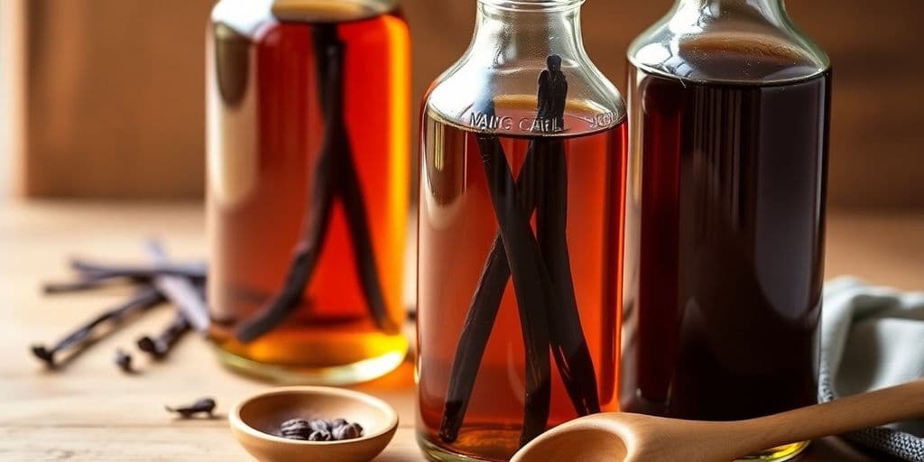 Bottles of homemade vanilla extract with vanilla beans.