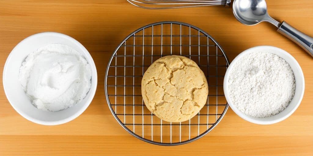 Baked goods and white powder in bowls.