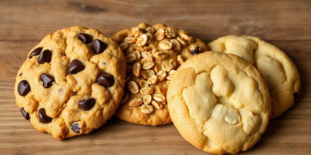 Three varieties of cookies: chewy, crispy, and cakey.