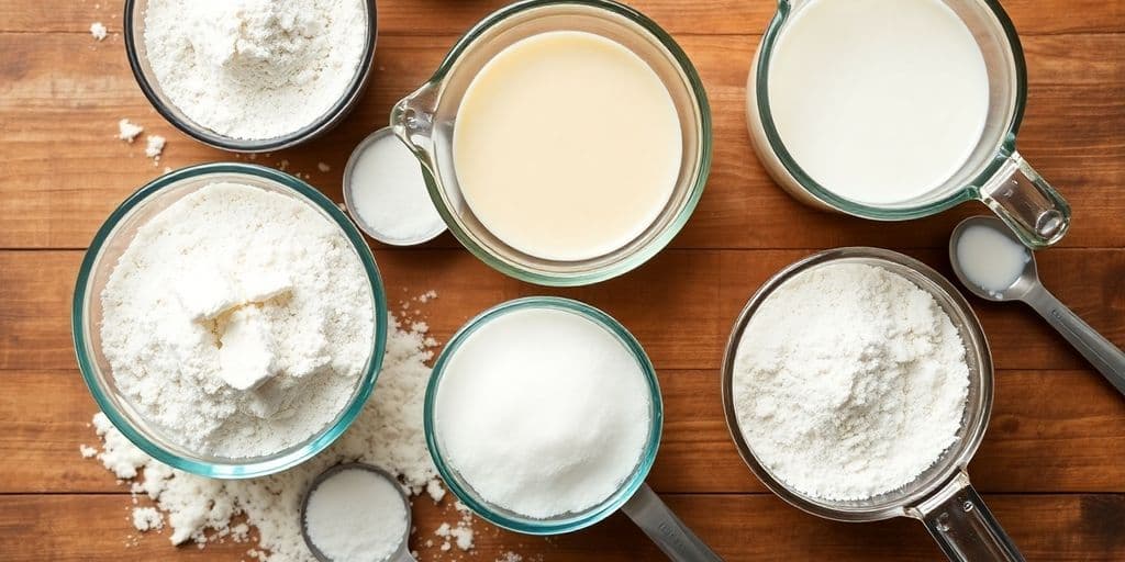 Measuring cups, spoons, ingredients on kitchen counter.