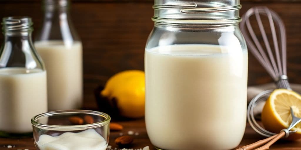 Vegan buttermilk ingredients in a rustic kitchen setting.