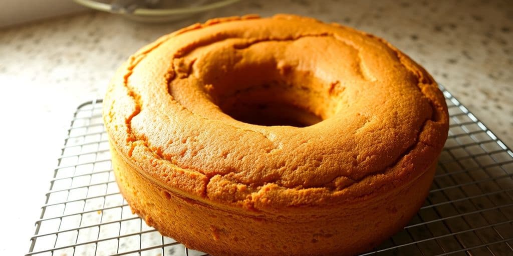 Sunken gluten-free cake on cooling rack.