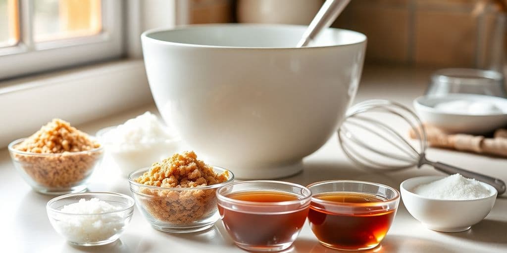 Various brown sugar substitutes in bowls on a wooden table.