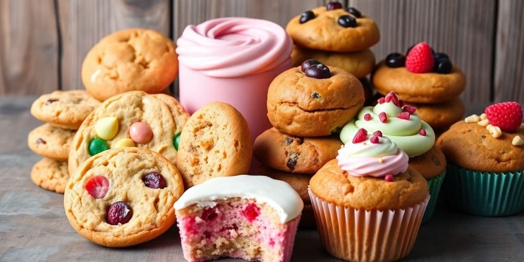 Assorted diabetic-friendly baked goods on a wooden table.