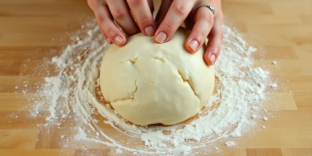 Hands kneading gluten-free dough on a floured surface.